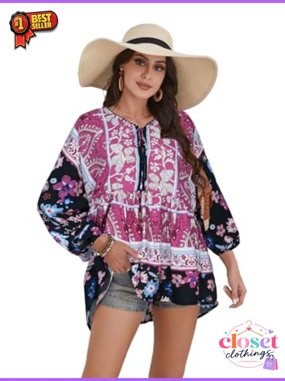 Boho Floral Tunic Blouse V-Neck 3/4 Sleeve Rayon Top